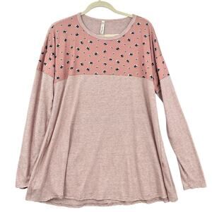 Cool Melon Pink Floral Print Striped Crew Neck Long Sleeve Top Size‎ 1X